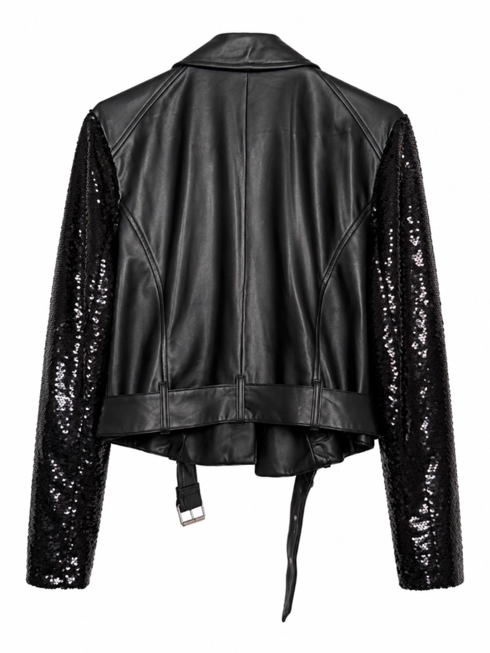 INC International Concepts Black Faux Leather Sequin Sleeve Moto Jacket L - Picture 2 of 3